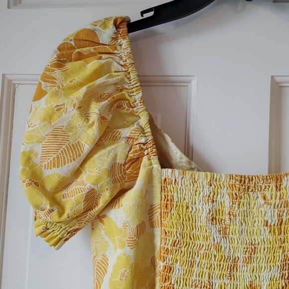 NWOT URBAN OUTFITTERS FLORAL PUFF SLEEVE BUSTIER DRESS YELLOW GOLD DEMURE - Picture 10 of 13